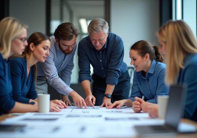 コーラル・メンディングのチームが設計図を囲んで打ち合わせしている様子