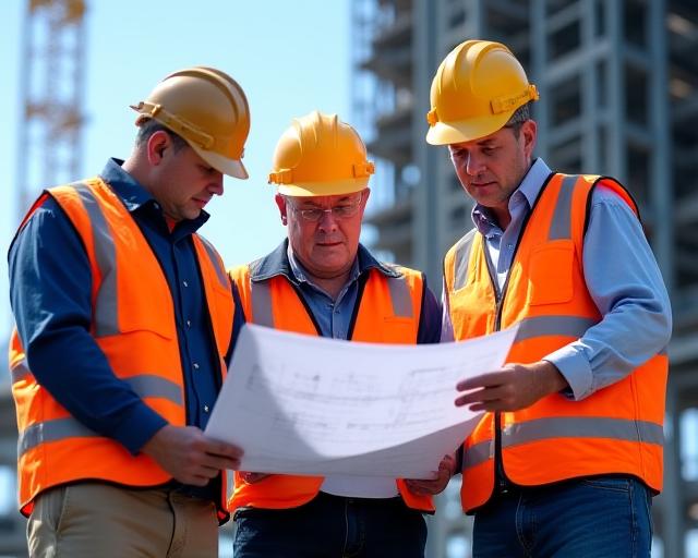 현장에서 도면을 검토하는 엔지니어들